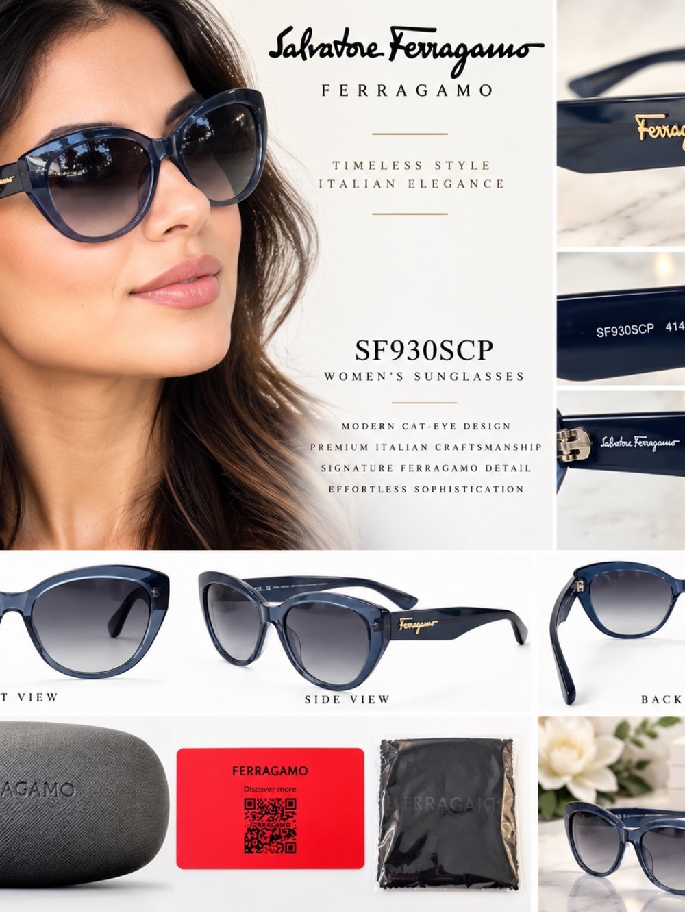 Salvatore Ferragamo SF930SCP Women's Cat-Eye Sunglasses - Navy